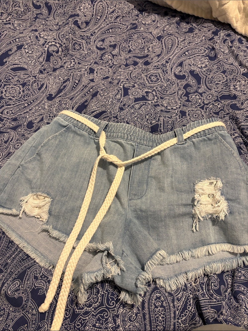 aerie Light Blue Distressed Denim Shorts with Rope Belt